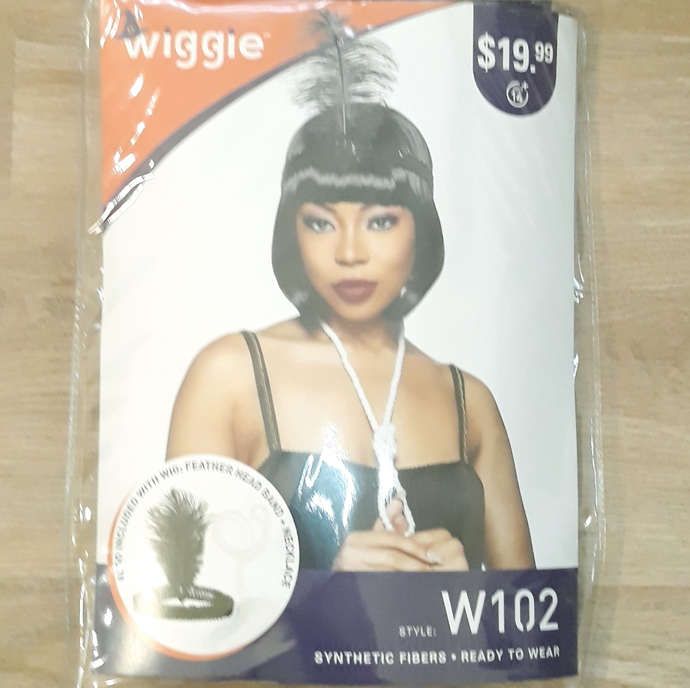 Wiggie Synthetic Costume Wig - Flapper Black Bob + Feather Head Band Necklace - Picture 2 of 11